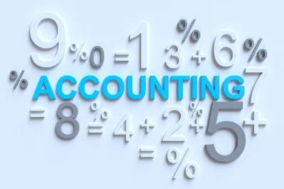 Banner bertuliskan "ACCOUNTING" dengan lambang angka dan matematika di sekitarnya.