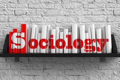 buku berjejer warna merah dan putih membentuk tulisan 'sociology'