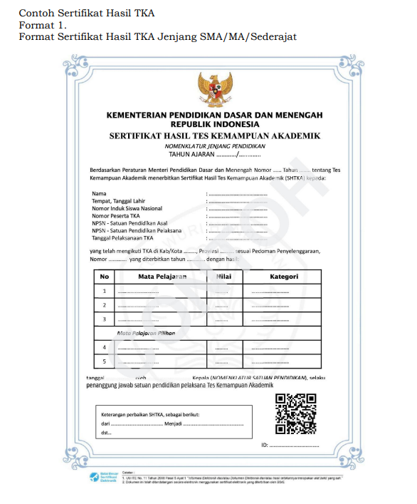 contoh sertifikat TKA SMA